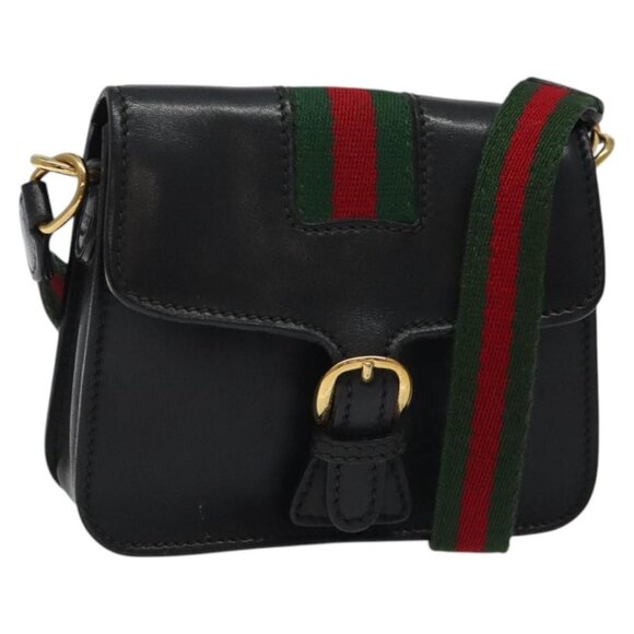 GUCCI Web Sherry Line Shoulder Bag Leather Black Gold 007 1274 0230 Auth 126101 - Picture 1 of 16